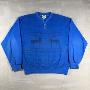 Vintage Midwest Traders Mens Blue Fleece Deer Graphic Henley Sweatshirt Large
